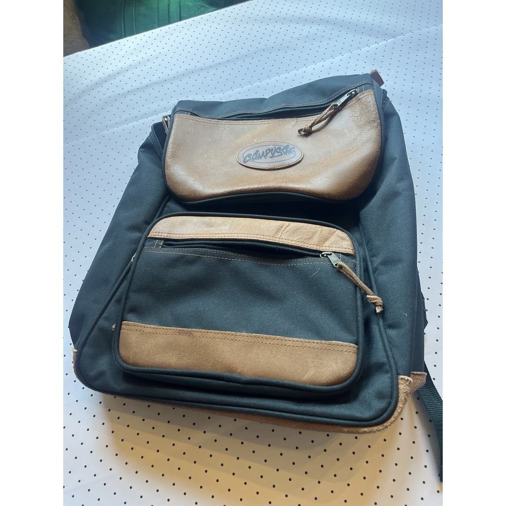 Vintage CampusPak Backpack Black Canvas Brown Leather Trim Laptop School Bag 90s